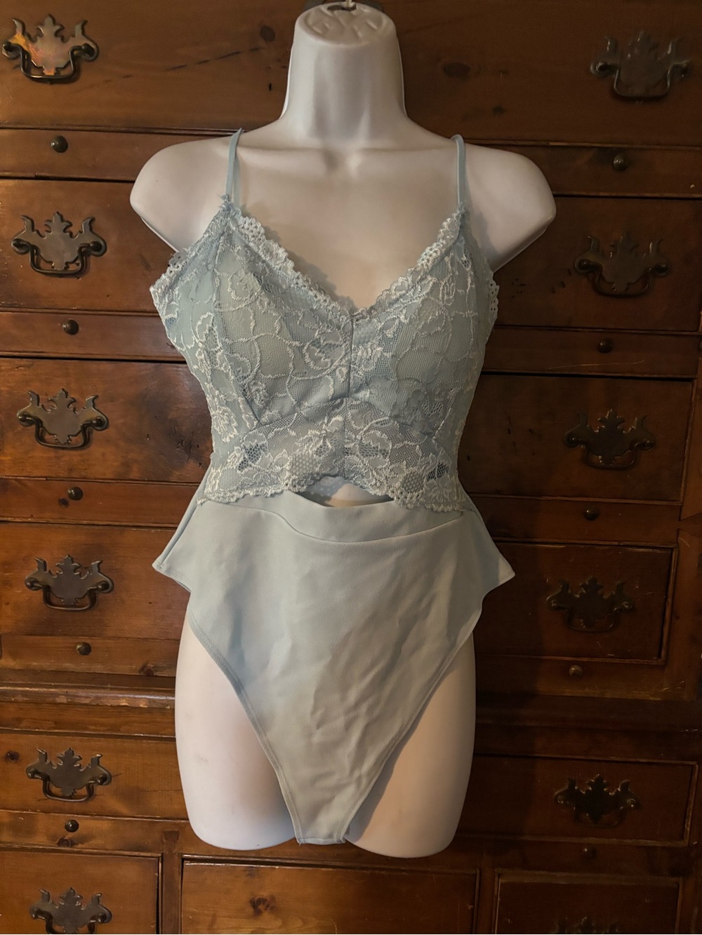 Lace Trim Light Blue Bodysuit - Women Intimates
